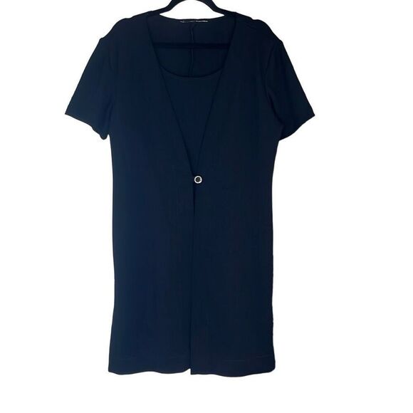 Black Textured Knit Short Sleeve One Button Front Mini Dress Large LBD Workwear - Picture 1 of 7